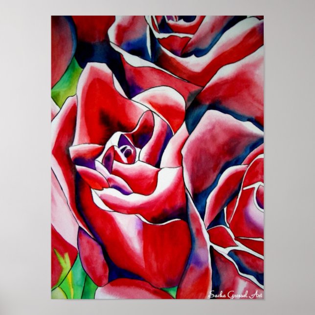 Poster Peinture d'aquarelle rose Roses (Devant)
