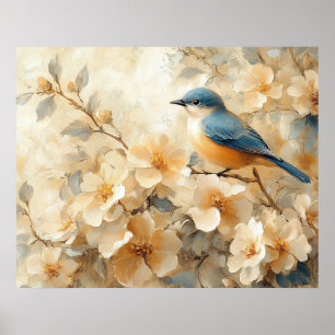 Poster Peinture d'arbre en fleurs avec oiseau bleu