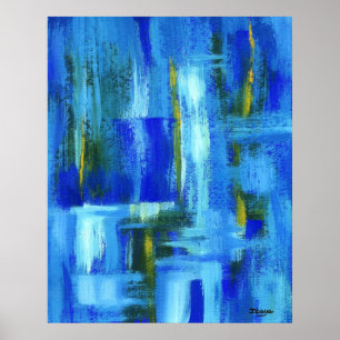 Poster Peinture d'art Abstrait Bleu Vert Or Brosses