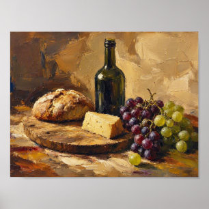 Poster Peinture d'art abstrait Pain Fromage Raisins Vin