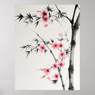 Poster Peinture de bambou et de fleurs de cerisiers dans