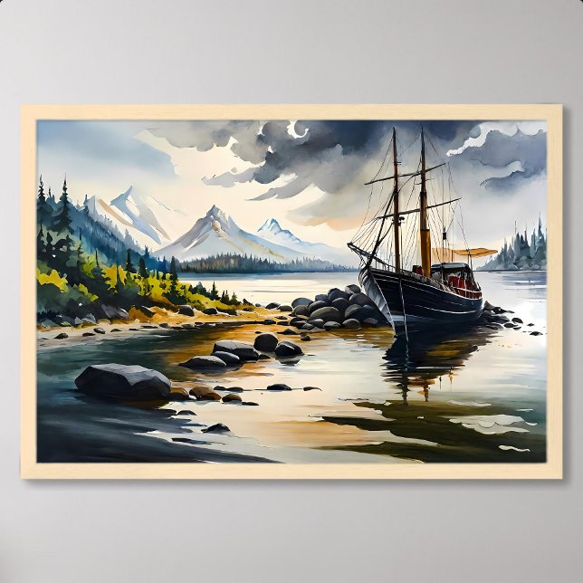 Poster Peinture de bateau de pêche au milieu de la rivièr (Fishing Boat Painting Amidst River Rock and Forest)
