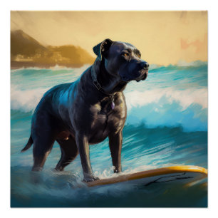 Poster Peinture de Cane Corso faisant du surf sur la plag