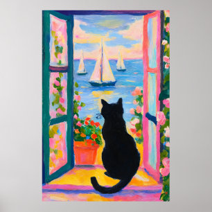 Poster Peinture de chat côtier coloré sur fond de voilier