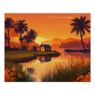 Poster Peinture de coucher de soleil nature avec lac, Cot