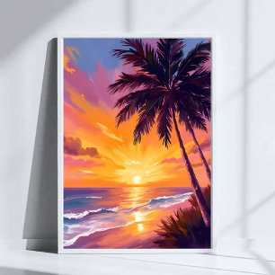 Poster Peinture de coucher de soleil sur la plage d'Hawai