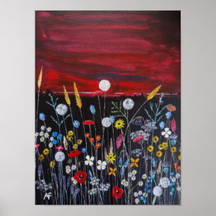 Poster Peinture de fleurs sauvages au coucher du soleil p