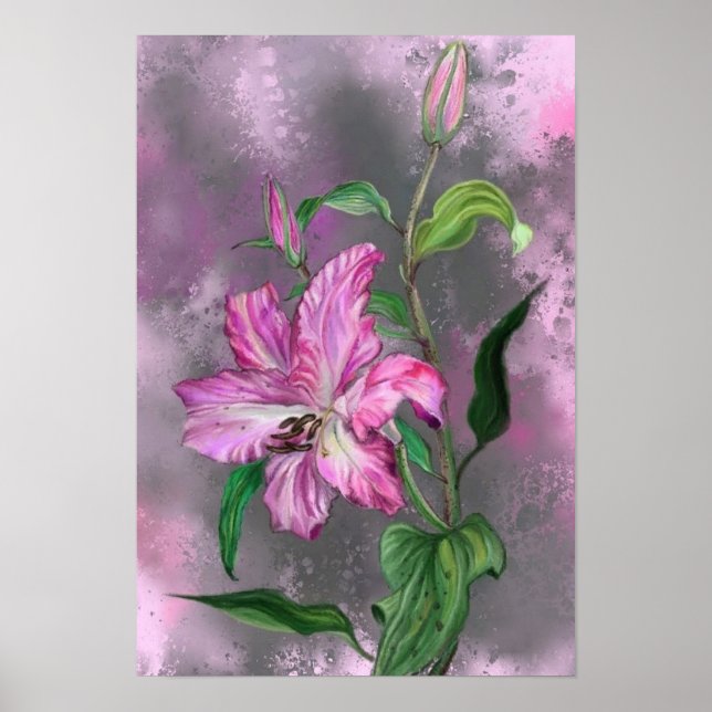 Poster Peinture de l'affiche de fleurs de lys rose pourpr (Devant)