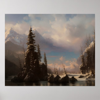 Poster Peinture de montagne de neige au lac - paysage art