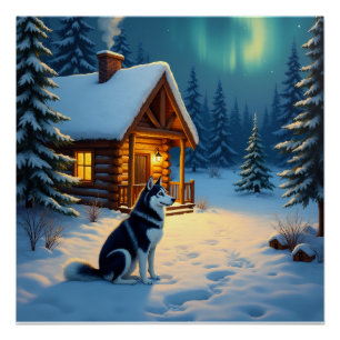 Poster Peinture de Noël de cabane enneigée avec Husky de 
