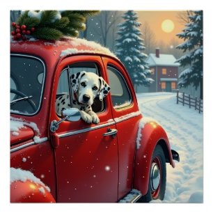 Poster Peinture de Noël : Trajet en voiture enneigé avec