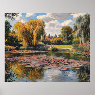 Poster Peinture de paysage d'arbre de saule et de nénupha