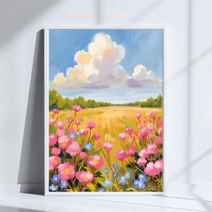 Poster Peinture de paysage de champ de fleurs roses
