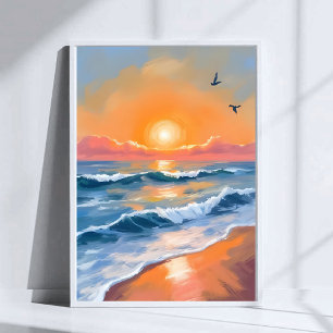 Poster Peinture de plage à l'aquarelle au coucher du sole