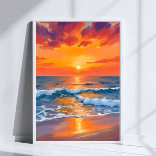 Poster Peinture de plage océanique au coucher du soleil d