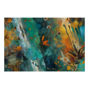 Poster Peinture de récolte d'automne Turquoise Rouille Or