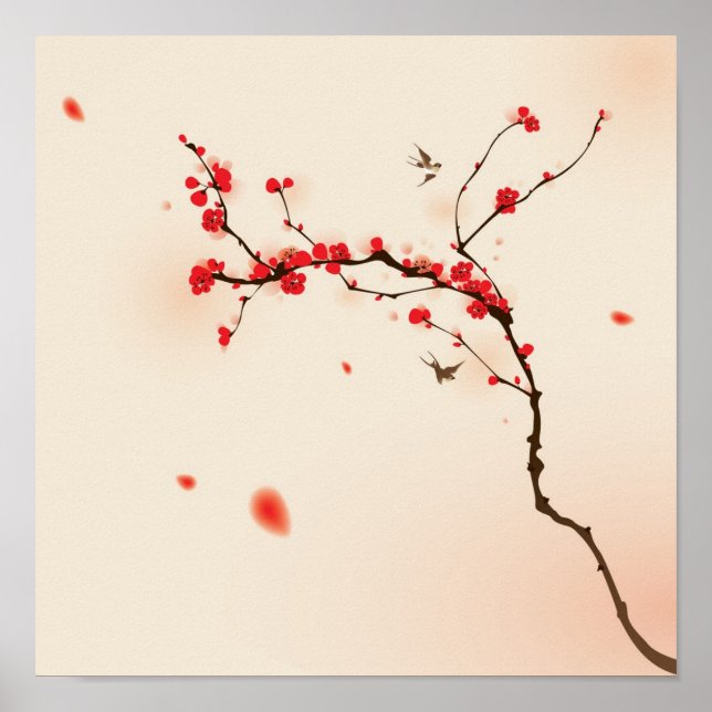 Poster Peinture de style oriental, fleur de prune au prin (Devant)