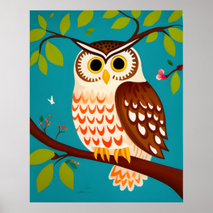 Poster Peinture de style Whimsical d'un hibou sur un arbr