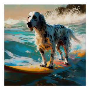 Poster Peinture de Surf sur la Plage avec Setter Anglais