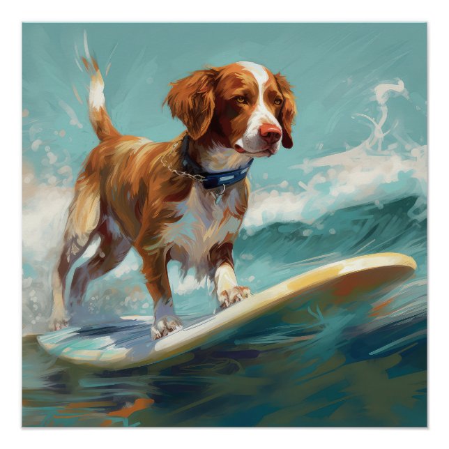 Poster Peinture de surf sur la plage avec un épagneul bre (Devant)