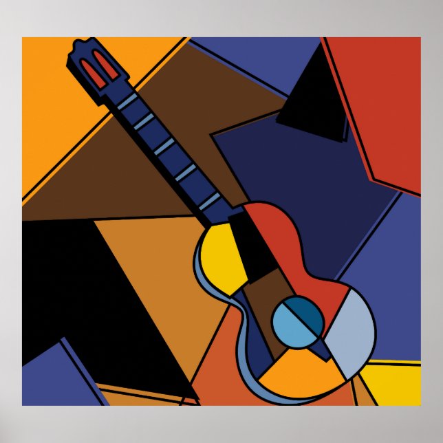 Poster Peinture de surréalisme de guitare cubiste. (Devant)