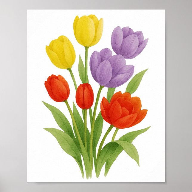 Poster Peinture de tulipes jaunes rouges violettes Art mu (Devant)