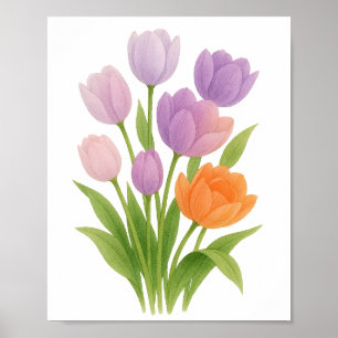 Poster Peinture de tulipes violettes et orange Art floral
