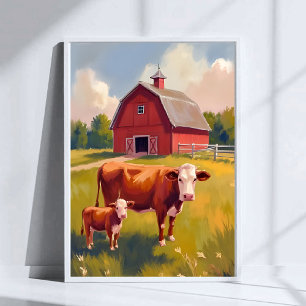 Poster Peinture de vache d'animaux de ferme de grange rou