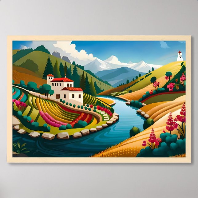 Poster Peinture de village avec rivière Rocky et champs l (Village Painting with Rocky River and Lush Fields)
