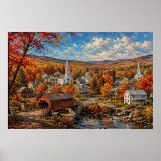 Poster Peinture de village de Nouvelle-Angleterre en auto