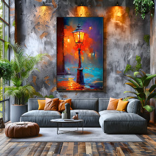 Poster Peinture de ville impressionniste de lampe de rue
