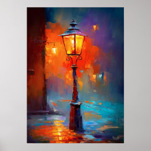 Poster Peinture de ville impressionniste de rue la nuit s