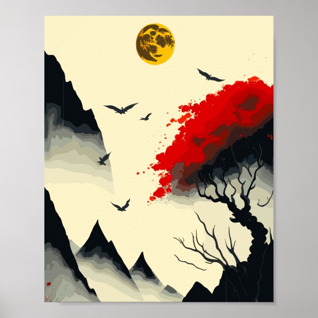 Poster Peinture d'encre chinoise antique : Lune d'or et r (Devant)