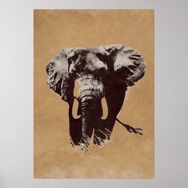 Poster Peinture d'encre Eléphant Pop Art Brown (Devant)