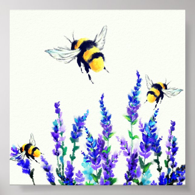 Poster Peinture des fleurs de printemps et des abeilles (Devant)