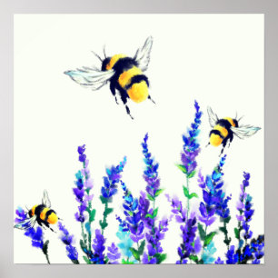 Poster Peinture des fleurs de printemps et des abeilles