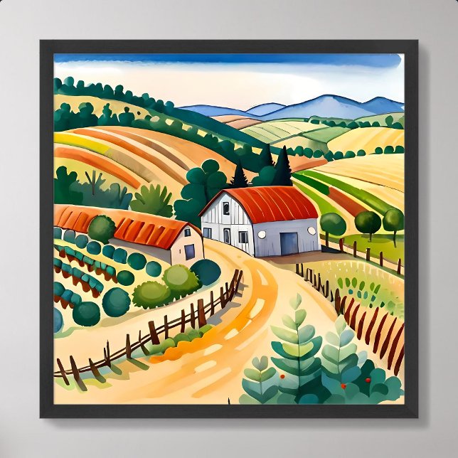 Poster peinture du village maison milieu de la ferme air  (village painting house middle farm field clean air)