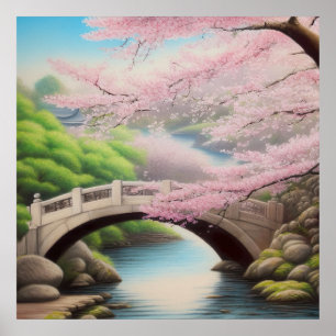 Poster Peinture D'Un Arbre De Fleur De Cerisier À Un Pont