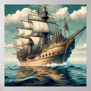 Poster Peinture D'Un Navire Avec Les Voiles Vers Le Bas-5