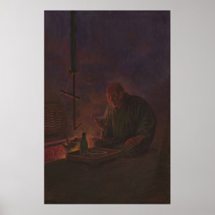 Poster Peinture d'un saké potable d'homme japonais