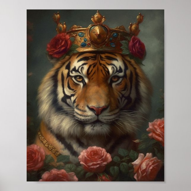 Poster Peinture d'un tigre avec couronne et Rose (Devant)