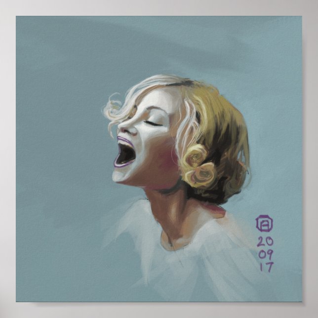 Poster Peinture d'une fille blonde qui rit (Devant)