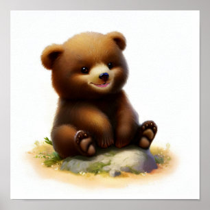 Poster Peinture en Aquarelle 3D d'un petit ours grizzli