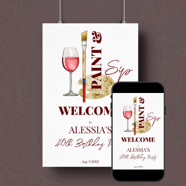 Poster Peinture et vin de gorgée et signe d'accueil à thè (Paint and sip wine and art themed birthday party welcome sign poster editable template download)