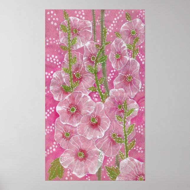 Poster Peinture florale rose Hollyhock Malve Malva (Devant)