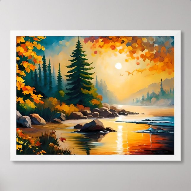 Poster peinture fluviale pinède rocheuse automne après-mi (river painting rocky pine forest autumn afternoon)