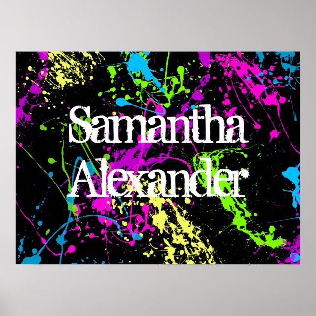 Poster Peinture fraîche Retro Neon Splatter sur noir (Devant)