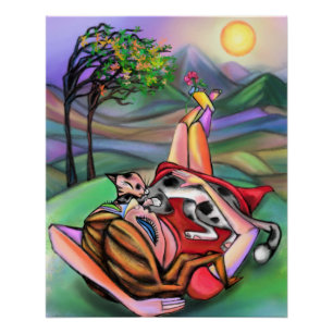 Poster Peinture Girl and Cat In Nature