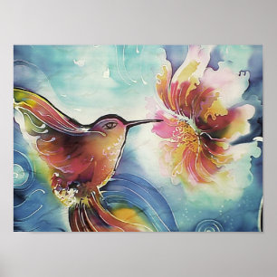 Poster Peinture HummingOiseau et Flower Silk Art