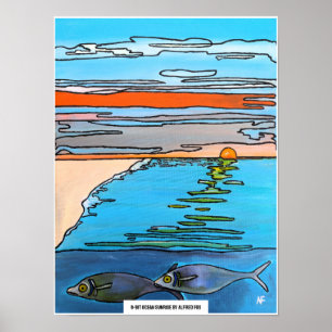 Poster Peinture Lever de soleil sur l'océan 8 bits par Al